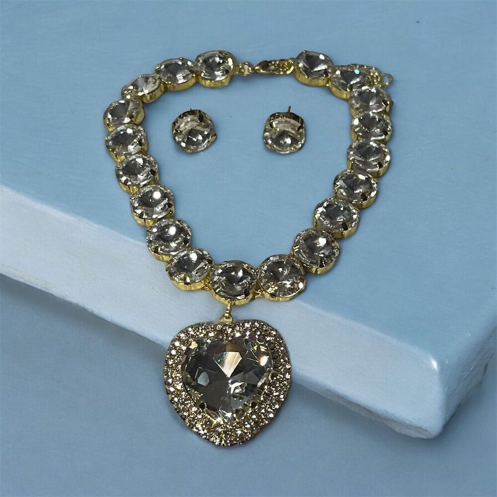 Rhinestone Heart Pendant Necklace & Earring Set